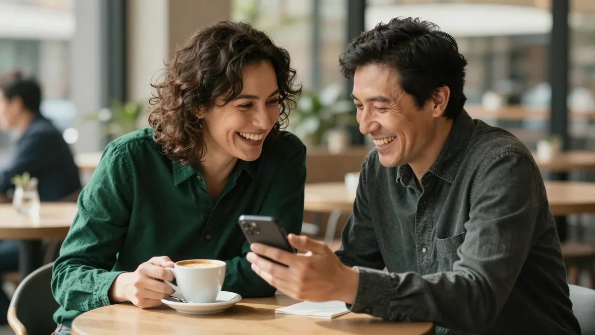Two friends sharing a recommendation over coffee